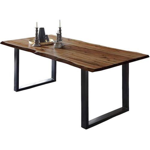 Esstisch 140x80 cm ULM, Baumkantentisch nussbaumfarben, Akazienholz massiv + lackiert, U-Gestell aus Metall schwarz, Esszimmertisch im Industrial-Stil