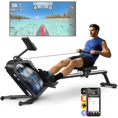 Merach Wasserrudergerät mit Magnetbremse & LCD – Bluetooth-App, einstellbare Widerstandsstufen, iPad-Halter & ergonomischer Sitz, bis 150 kg, vertikal