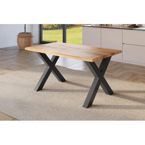 Esstisch 160x85 cm Baumkante Holz Wildeiche-Optik X-Gestell Metall schwarz JULIUS