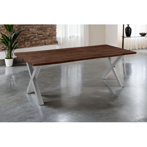 Esstisch 220x100 cm Baumkante Holz Nussbaum-Optik X-Gestell Metall silber JOSY