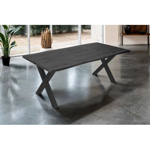 Esstisch 200x100 cm Baumkante Holz Grau-Optik X-Gestell Metall schwarz JOSY