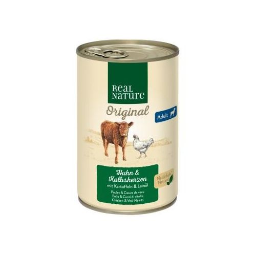REAL NATURE Nassfutter Hund, Adult, Kalbsherzen und Huhn 12x400 g