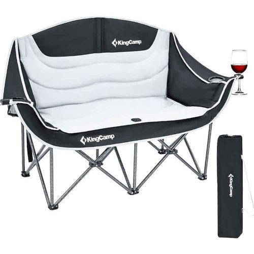 KingCamp Doppelter Campingstuhl faltbar bequem Camping Stuh gepolstert 2 Sitzer mit Becherhalter und Armlehne Übergröße Klappbarer Gartenstuhl für Camping Picknick Angeln,Schwarz/Grau