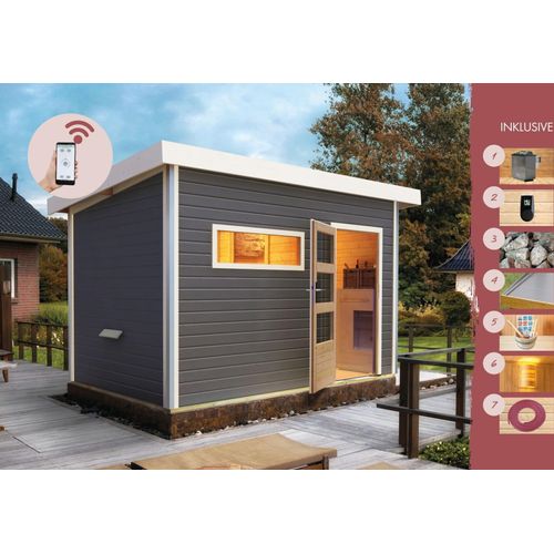 Karibu Saunahaus Außensauna Gartensauna Außensauna JOOST 2 terragrau 38mm Wandstärke 337 x 231 cm großes Sparset mit Ofen und Steuergerät