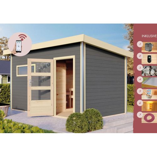 Karibu Saunahaus Außensauna Gartensauna Außensauna JOOST 3 terragrau 38mm Wandstärke 396 x 231 cm großes Sparset mit Ofen und Steuergerät