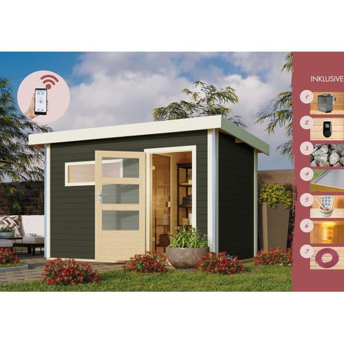 Karibu Saunahaus Außensauna Gartensauna Außensauna JOOST 1 terragrau 38mm Wandstärke 336 x 196 cm großes Sparset mit Ofen und Steuergerät