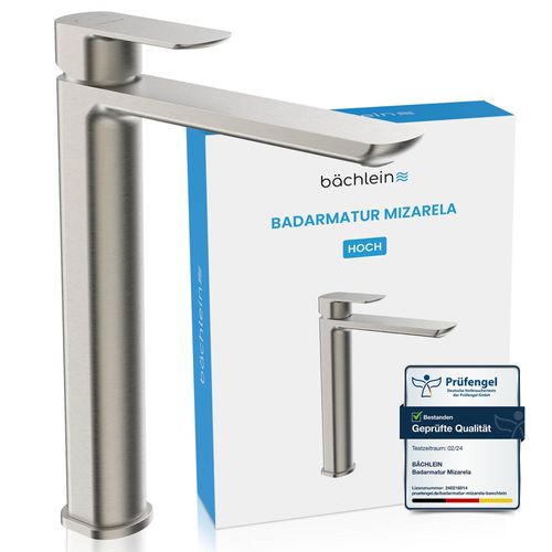 Badarmatur Mizarela hoch - Edelstahl gebürstet | Hohe Badarmatur im klassischen Design - Wasserhahn für Bad-Aufsatz-Waschbecken