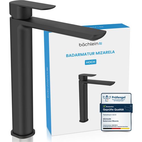 Badarmatur Mizarela hoch - schwarz | Hohe Badarmatur im klassischen Design - Wasserhahn für Bad-Aufsatz-Waschbecken