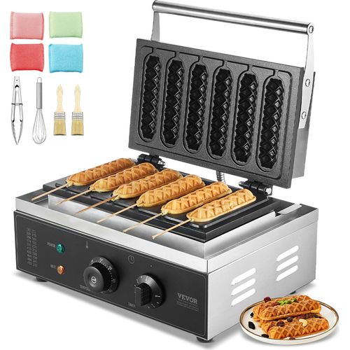VEVOR Kommerzieller Waffeleisen, 6-teilig, 1500 W Waffeleisen, antihaftbeschichtetes Edelstahl-Waffeleisen für Mais-Hotdogs mit Temperatur- und Zeitregelung, Griff, für Restaurant, Bäckerei
