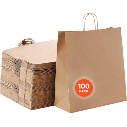 Papiertragetaschen mit Henkel - Papiertüten 100er Pack - Taschen Größe 457x178x483 mm - Braun Farben - Robuste Handtaschen aus Papier