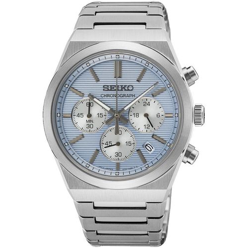 Chronograph SEIKO, silberfarben, hellblau, Armbanduhren, Herren, Quarzuhr, Armbanduhr, Herrenuhr, Edelstahlarmband, analog, Tag