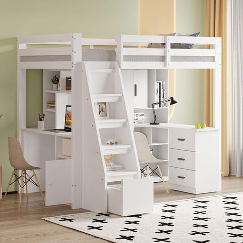 Hochbett 90*200 cm, Arbeitstisch mit Regalen und Schränken, Sicherheitskletterleiter mit Stauraum, mit Stauschubladen, Einzelbett Jugendbetten Kinderbetten, Massivholzrahmen Weiß