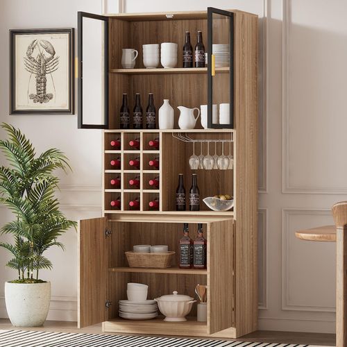 okwish Badezimmerschrank Vitrine mit 180 Hohe,Spirituosenschrank mit Glastüren und Beleuchtung,Highboard aus Holz,Natur