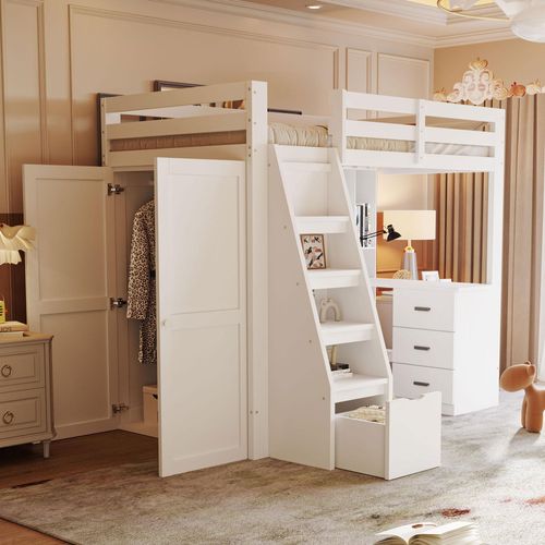 Hochbett 90*200cm, Mit Stauraum-Sicherheits-Kletterleiter, Mit Stauraum-Kleiderschrank, Einzelbett Jugendbett Kinderbett, Massivholzrahmen Weiß