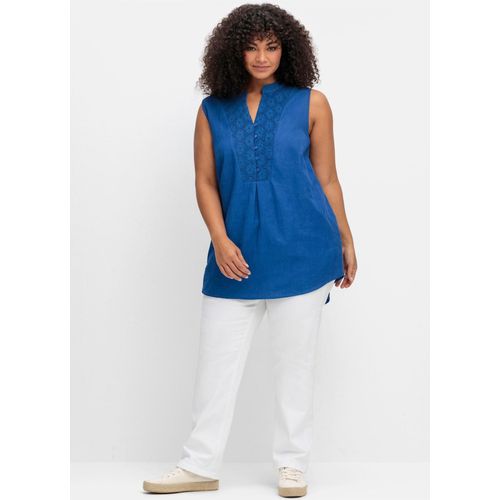 Blusentop SHEEGO BY JOE BROWNS, Damen, Gr. 56, blau (kobaltblau), 50% Viskose, 37% Baumwolle, 13% Leinen, unifarben, ohne Ärmel, Blusen
