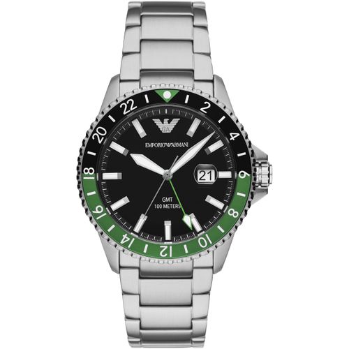 Quarzuhr EMPORIO ARMANI, silber (silberfarben, schwarz), Armbanduhren, Herren, Armbanduhr, Herrenuhr, Datum, GMT, Silikonarmband