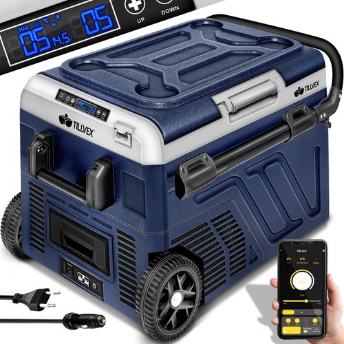 tillvex® Kompressor Kühlbox mit Akku elektrisch 60 Liter / Navyblau | Elektrische Gefrierbox mit APP-Steuerung USB-Anschluss 12/24 V 230V | Kühlschrank bis -20 °C