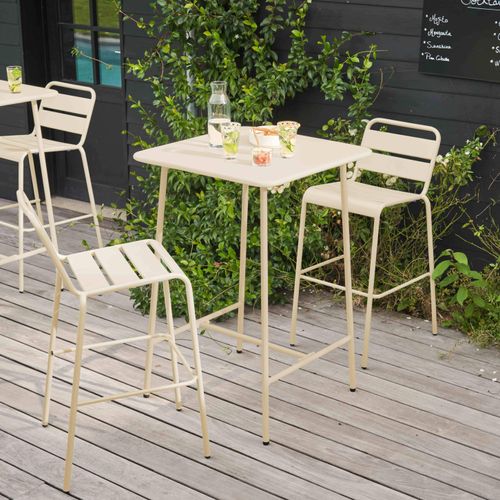 Bartisch in 70 x 70 x 105 cm und 2 Hochstühle aus Stahl Elfenbein - Oviala Palavas