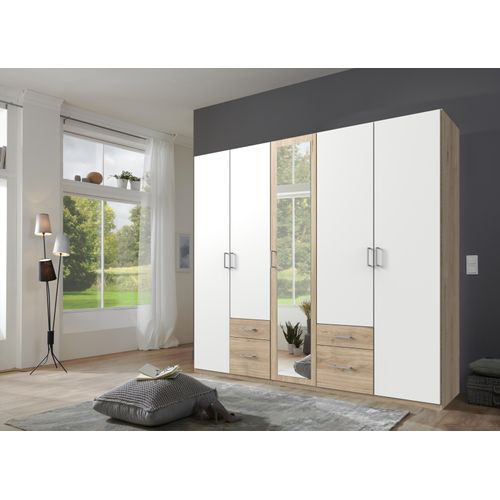 Drehtürenschrank ></noscript>Freiburg< in WEISS + HICKORY OAK NB - 225x208x58cm (BxHxT)
