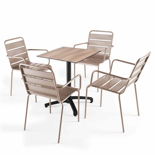 Set aus Gartentisch aus dunkel furnierter Eiche und 4 Stühlen in Taupe - Oviala Opéra