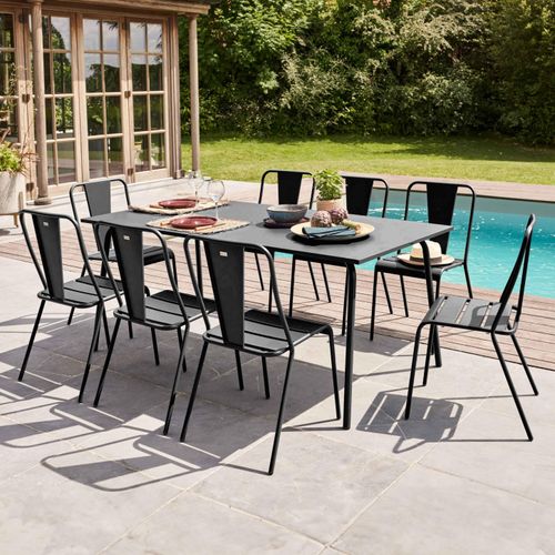 Stuhl Gartentisch und 8 Bistrostühle aus grauem Stahl - Oviala Palavas