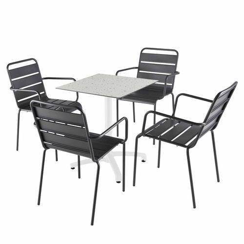 Tisch 60x60 cm neigbar Terrazzo und 4 Stühle aus grauem Metall. - Oviala Opéra
