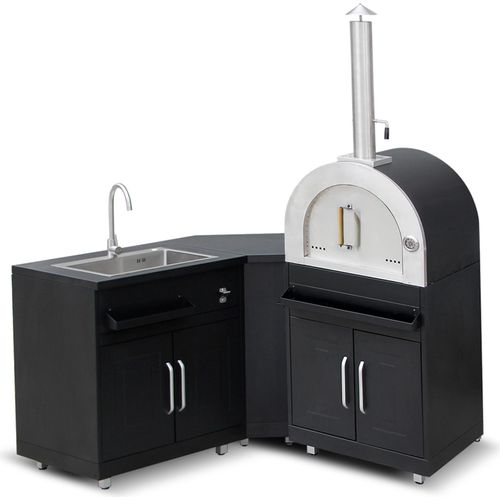 Metall-Outdoorküche mit 3 Spülbecken und Pizzaofen - Oviala Memphis