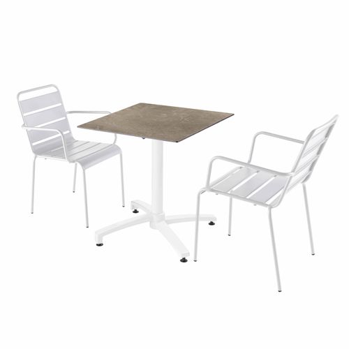 Set Gartentisch mit marmoriertem Beige und 2 weißen Sesseln - Oviala Opéra