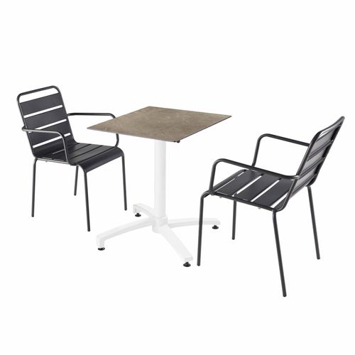 Gartentisch marmoriertem beige-farbenem Laminat und 2 grauen Sesseln - Oviala Opéra