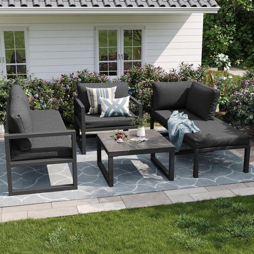 Seil-Gartenmöbel-Set – Garten-Lounge-Set mit Ecksofa (grau) Verzinktes Eisengestell, Polyester-Kissen & gehärtetem Glas – Ideal für Garten oder Balkon