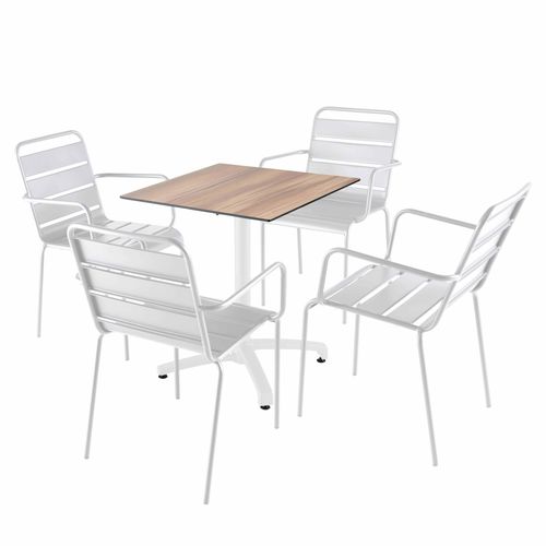 Tisch 70x70 cm neigbar dunkle Eiche und 4 Stühle aus weißem Metall - Oviala Opéra