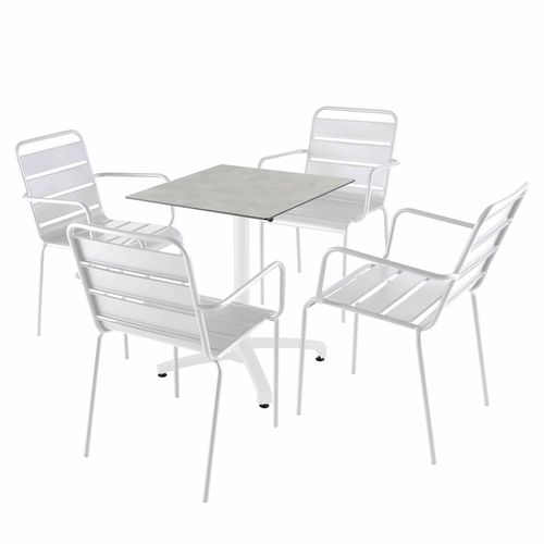 Tisch 60x60 cm kippbar hellgrauer Beton und 4 Weißmetallstühle - Oviala Opéra