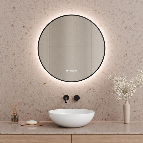 S'AFIELINA Badspiegel mit LED Beleuchtung Schwarz Metallrahmener mit Touch-Schalter und Beschlagfrei Taste Neutralweißes Licht Digitaluhr IP44-60 cm