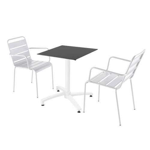 Stuhl Gartentisch mit schwarzer Laminatplatte und 2 weißen Sesseln - Oviala Opéra