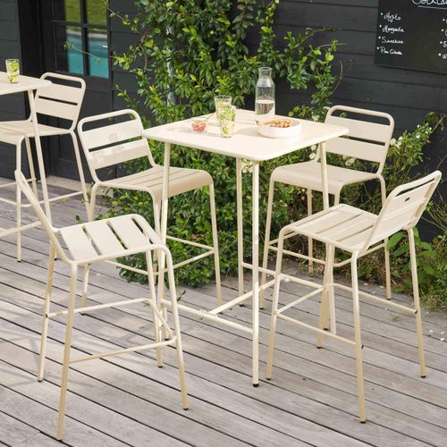 Bartisch in 70 x 70 x 105 cm und 2 Hochstühle aus Stahl Elfenbein - Oviala Palavas