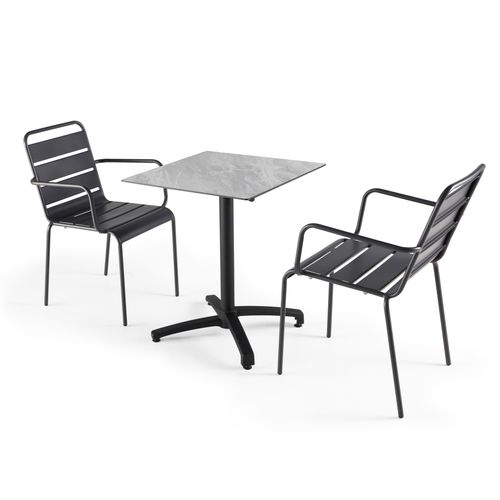 Gartentisch in 60 x 60 cm und 2 Metallsessel Grau - Oviala Opéra