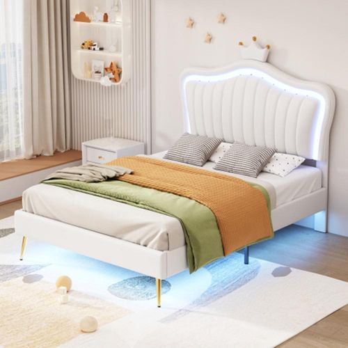 Kinderbett Polsterbet 90 x 200 cm, Bettgestell mit LED-Leuchten, Lattenrost und Rückenlehne(Matratze nicht enthaltet)