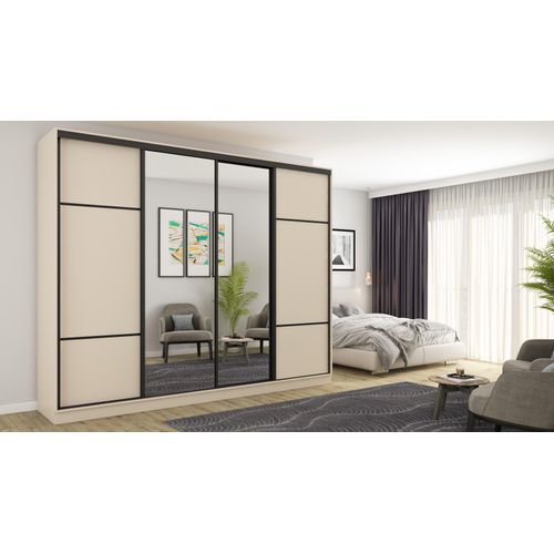Schwebetürenschrank 4D/300 in Elfenbein mit 2 Spiegeln und Premium-Beschlägen