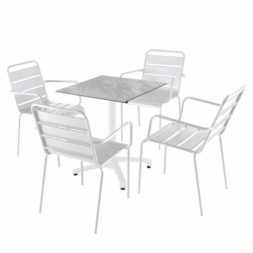 Tisch 70x70 cm neigbar Marmor und 4 Stühle aus Weißmetall - Oviala Opéra
