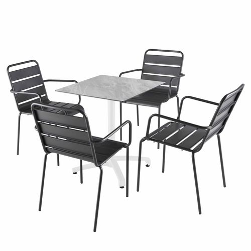 Tisch 70x70 cm kippbar Marmor und 4 Stühle aus grauem Metall - Oviala Opéra