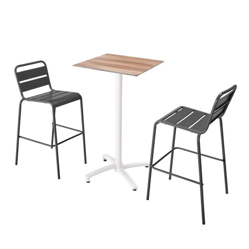 Dunkel gebeiztem Hochdrucklaminat-Tisch und 2 grauen Hochstühlen - Oviala Opéra
