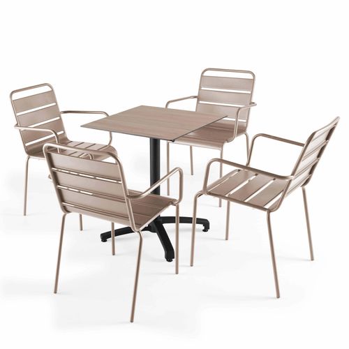 Tisch 60x60 cm neigbar helle Eiche und 4 taupefarbene Metallsessel - Oviala Opéra
