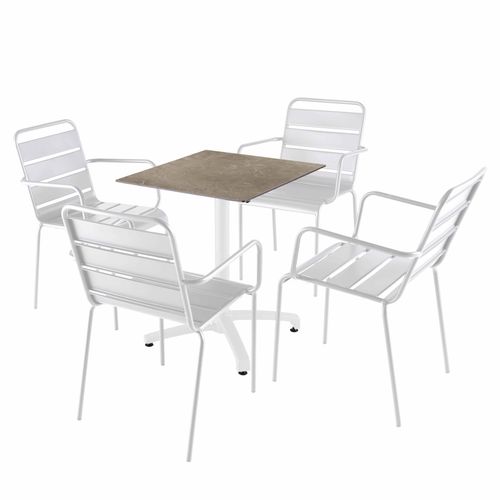 Tisch 60x60 cm kippbar Marmor beige und 4 Stühle aus weißem Metall. - Oviala Opéra