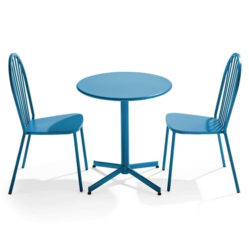 set runder Tisch und 2 Gartenstühle aus blauem Pazifik-Metall - Oviala Palavas