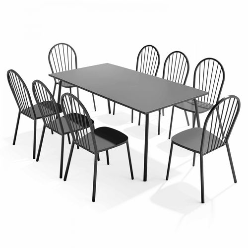 Stuhl Gartentisch und 8 Bistrostühle aus grauem Stahl - Oviala Palavas