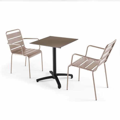 Tisch 60x60 cm neigbar taupe und 2 Sessel aus Metall taupe - Oviala Opéra