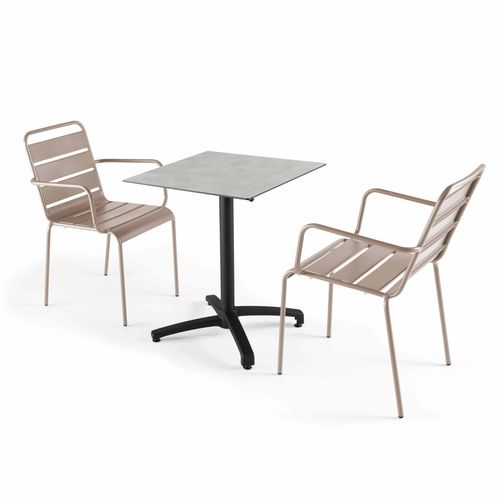 Tisch 60x60 cm kippbar hellgrau und 2 taupefarbene Metallsessel - Oviala Opéra