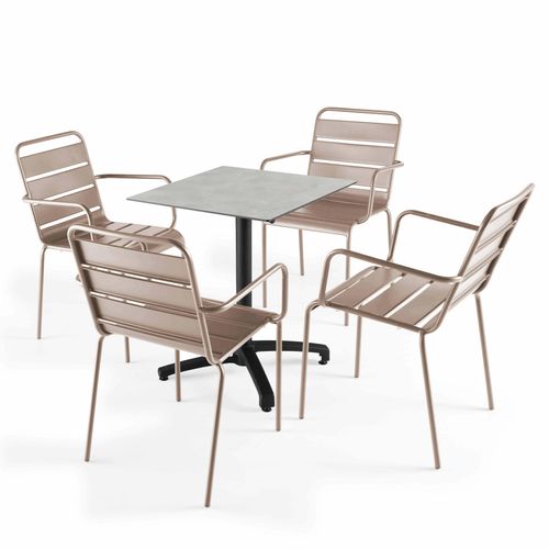 Tisch 60x60 cm kippbar hellgrau und 4 taupefarbene Metallsessel - Oviala Opéra