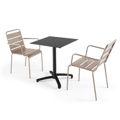 Tisch 60x60 cm neigbar schwarz und 2 taupefarbene Metallsessel - Oviala Opéra