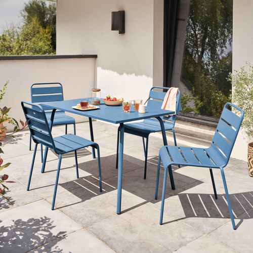 Stuhl Gartentisch aus Metall und 4 Stühle in Pazifikblau - Oviala Palavas
